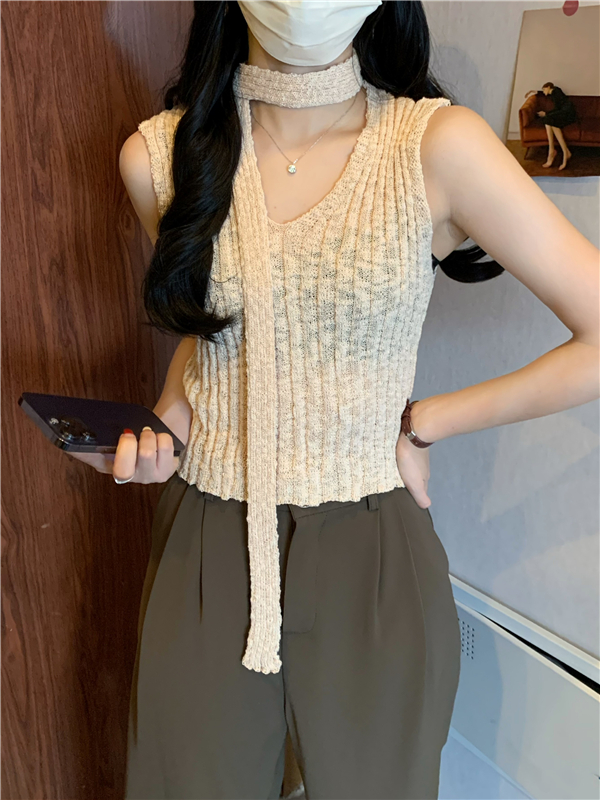 Real shot of temperament V-neck design with ribbons slimming sleeveless vest women's top
