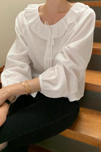 韩国chic新款法式娃娃领系带长袖宽松衬衫