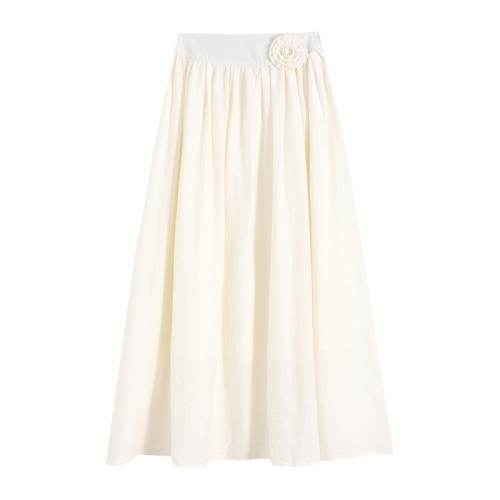 Real shot of flower cotton and linen skirt for women in summer 2024 new high-waisted, slim and drapey A-line mid-length skirt with large hem