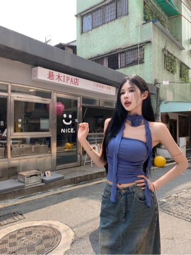 Actual shot ~ Pure Desire Hot Girl One Shoulder Flower Tube Top Women’s Summer T-shirt with Breast Pad, Chic and Sweet Little Shirt