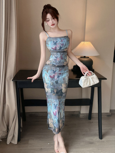 Real shot of summer pure lust butterfly print suspender dress hot girl retro sexy seaside vacation long dress