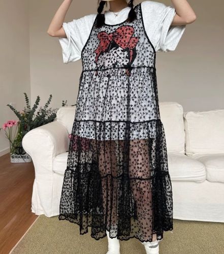 South Korea Dongdaemun 2024 summer cic sweet loose mesh lace see-through suspender dress 7526