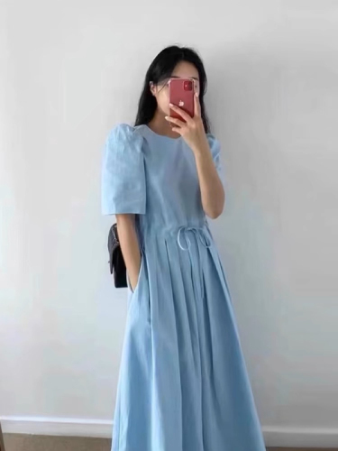Korean chic summer sweet temperament round neck lace-up waist slimming solid color stitching pleated short-sleeved dress for women