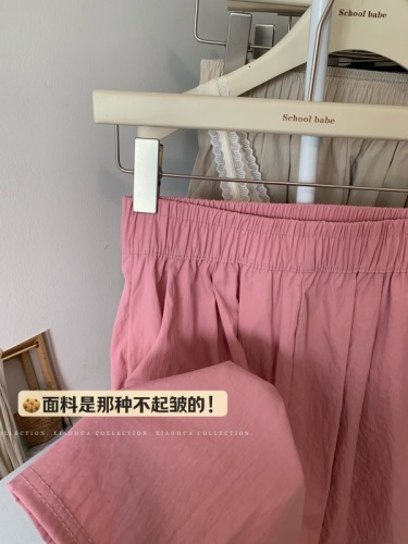 Real shot of solid color loose casual pants for women, summer three-quarter pants, high-waisted wide-leg pants, straight-leg pants, black shorts