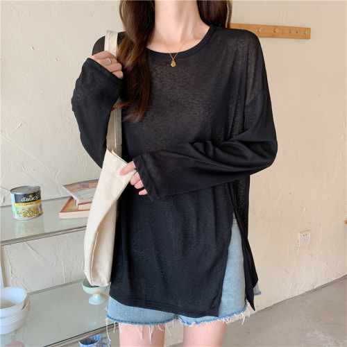 Actual shot of sun protection blouse, long-sleeved T-shirt for women, loose mid-length ice silk thin slit top