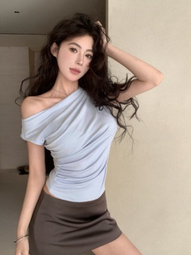 Real shot of summer pure lust sexy hot girl style irregular pleated slim sleeveless vest T-shirt navel top