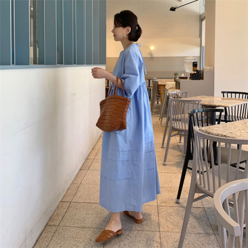 2024 Korean chic summer retro niche simple solid color loose puff sleeve long splicing dress for women