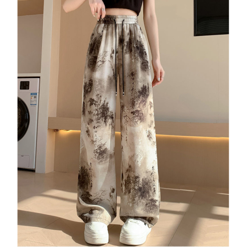 Ice silk quick-drying pants ink tie-dye casual wide-leg pants for women high-waisted straight-leg loose ice silk national style pants