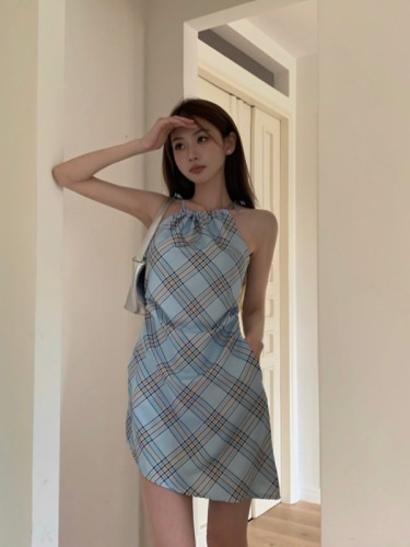 Actual shot of all three designs. Hot girl’s halterneck plaid dress with slim waist and slim short skirt.