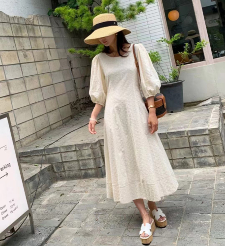 Xiaoxiang style waist-waisted wavy skirt puff-sleeved long dress