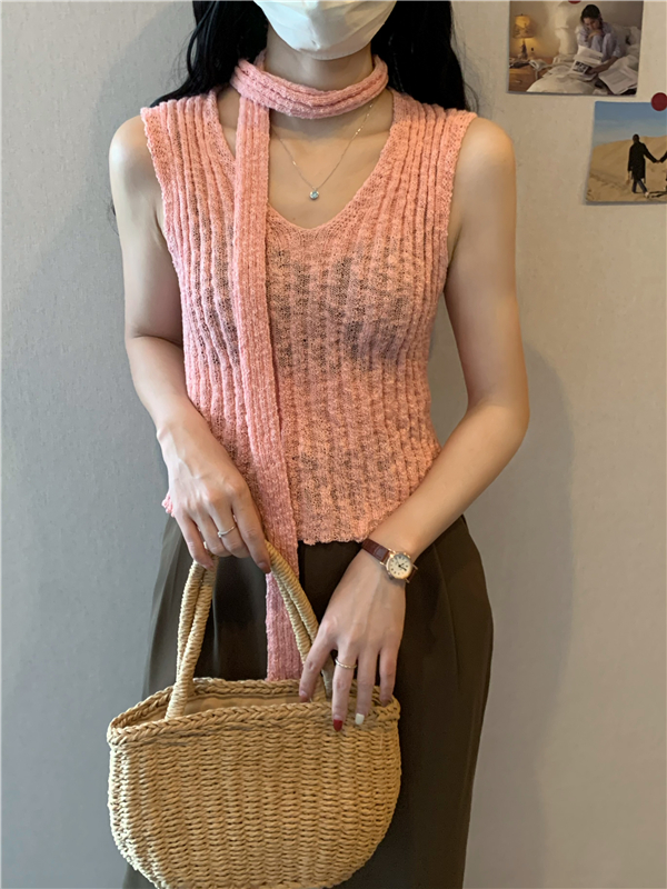 Real shot of temperament V-neck design with ribbons slimming sleeveless vest women's top