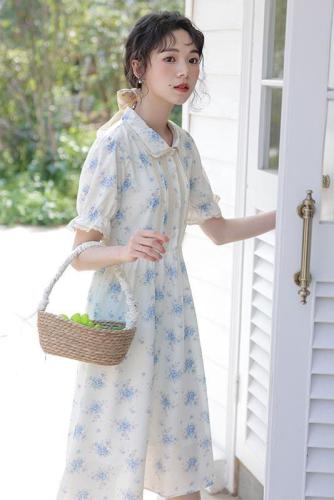 Actual shot of floral dress 2024 new summer Japanese style fresh and gentle style doll collar puff sleeve waist skirt