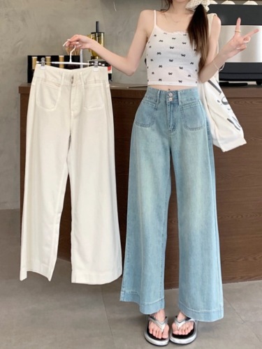 Small high-waisted jeans for women 2024 summer new loose large size straight wide-leg pants nine-point pants trendy