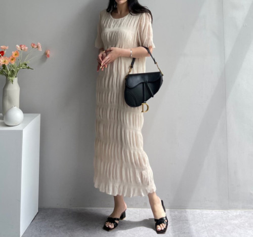 2024 Korean spring and summer new wave pattern mid-length loose round neck short-sleeved chiffon dress