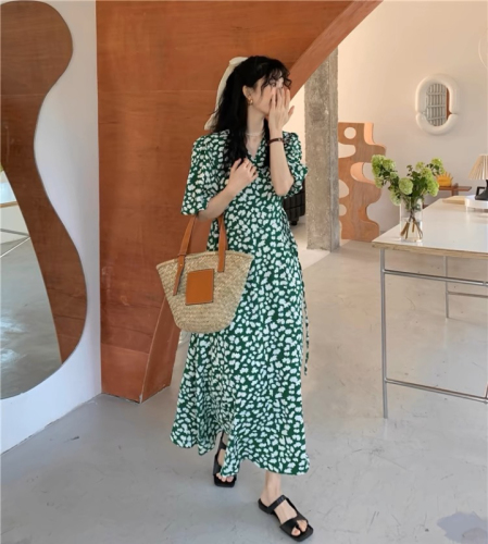 Retro elegant French floral long dress plus size fat girl slimming chic green puff sleeve dress summer