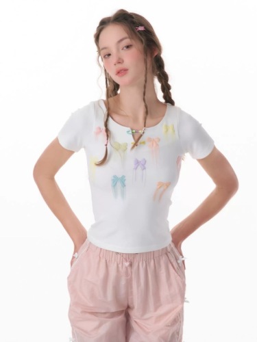 ziziFei夏季美式复古设计感蝴蝶结印花修身显瘦上衣正肩短袖T恤女