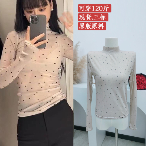 3 standard, wearing 120 pounds, new unique high collar French pure lust polka dot slim long-sleeved T-shirt