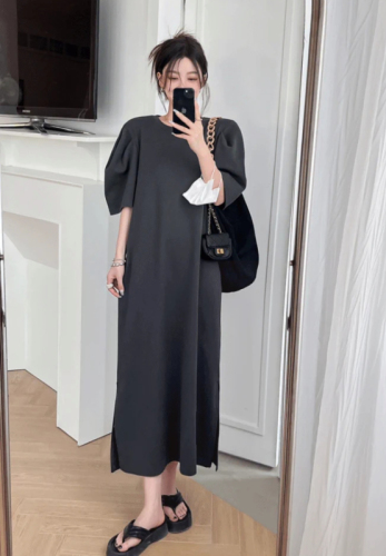 2024 Korean chic summer plus size new niche simple solid color loose long dress for women