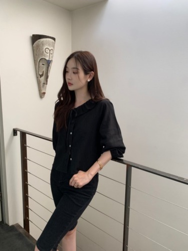 韩国chic新款法式娃娃领系带长袖宽松衬衫