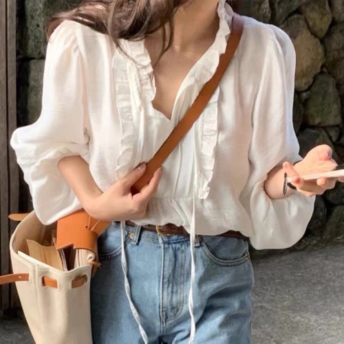 韩国chic春季温柔气质V领绑带拼接木耳边设计泡泡袖宽松纯色衬衫