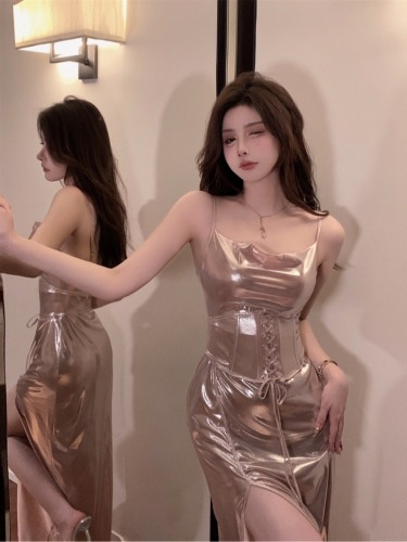 Real shot ~ French style sexy tube top slit dress for women with high-end waist and suspender dress