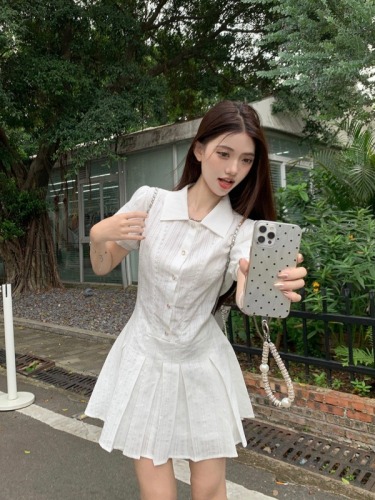 Real shot ~ College style white puff sleeve shirt dress, elegant waist, high-end and sweet short skirt