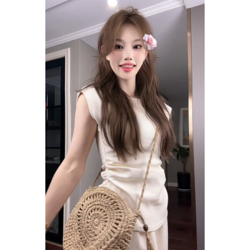 Official photo fashion suit for women summer pleated waist short-sleeved T-shirt a-line skirt two-piece set for women