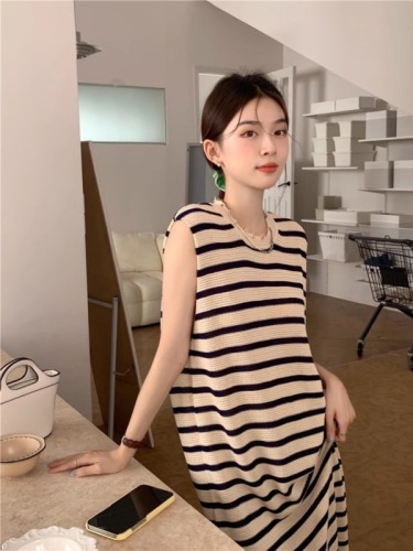 实拍 韩国chic设计感慵懒长款条纹无袖毛衣连衣裙