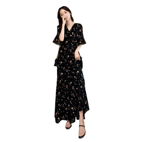 2024 Summer New Black Sisters Women's Mother's French Long Skirt Slim Bell Sleeve Holiday Floral Dress
