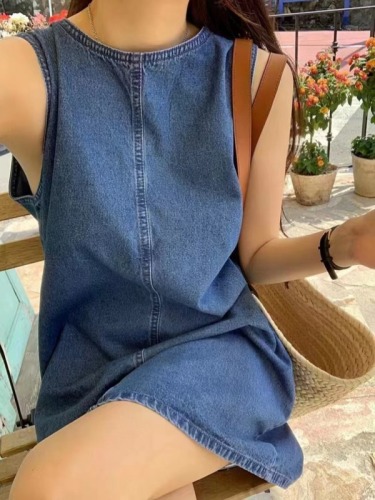 Original denim sleeveless drawstring vest short dress