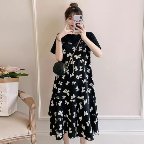 Fat girl summer thin temperament belly-covering floral long skirt women's plus size loose slimming fake two-piece dress