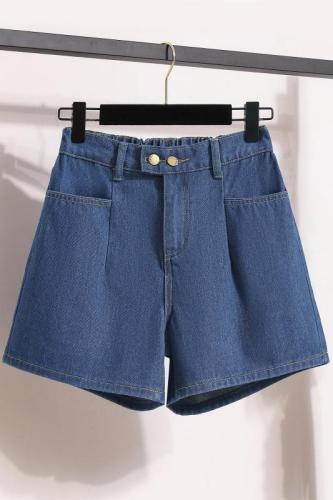 Actual shot of new summer large size A-line wide-leg denim shorts for fat girls, slimming, simple elastic waist, Korean style casual hot pants