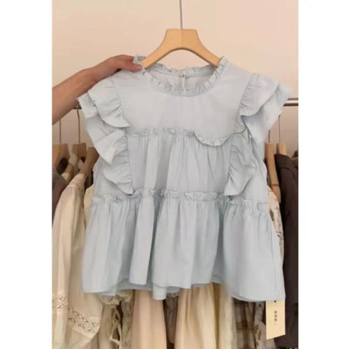 Official Photo 2024 French Sweet Blue Ruffle Sleeve Slim and Chic Babydoll Short Top