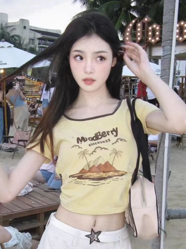 Pure cotton sweet and spicy top yellow square neck printed short-sleeved T-shirt trendy