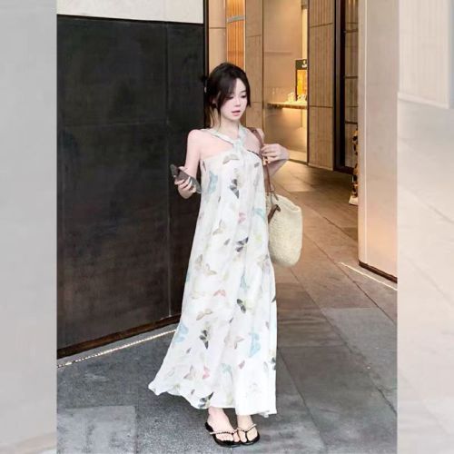 ICELOLLY seaside vacation butterfly halter dress women's spring new slim suspender skirt beautiful skirt summer