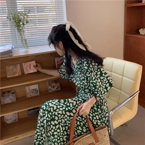 Retro elegant French floral long dress plus size fat girl slimming chic green puff sleeve dress summer