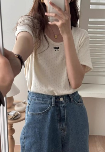 韩版冰丝针织衫女短袖薄款夏季新款蝴蝶结镂空设计感小众短款上衣