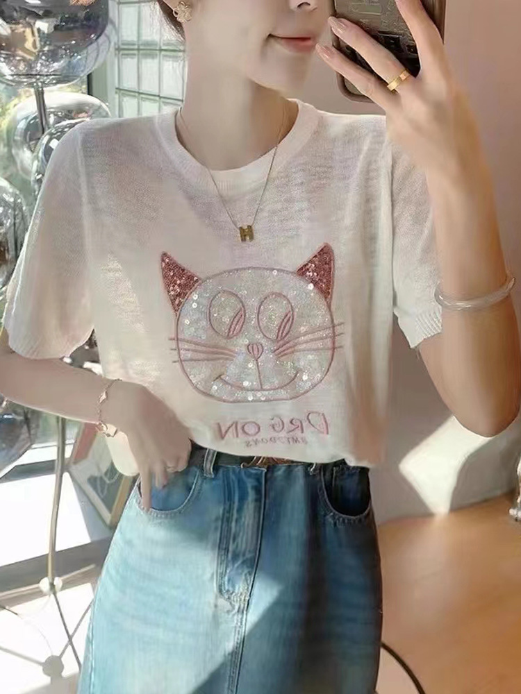 Women's ice silk knitted gray short-sleeved t-shirt for women 2024 new summer fashionable short-sleeved tops