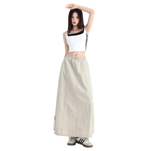 Actual shot of 2024 new summer style CLP sweet and spicy casual lazy elastic waist over-the-knee umbrella skirt drawstring loose A-line skirt for women