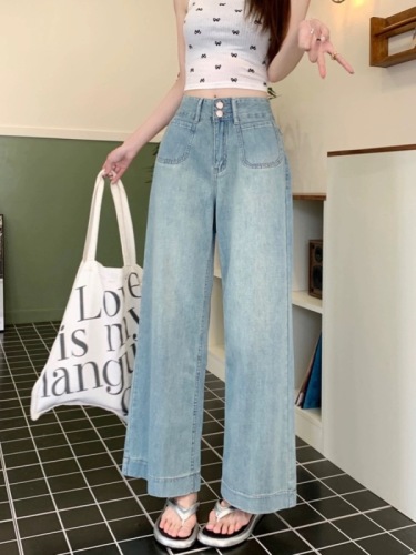 Small high-waisted jeans for women 2024 summer new loose large size straight wide-leg pants nine-point pants trendy