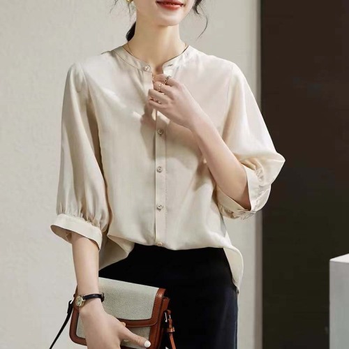 Three-quarter sleeve shirt, Korean style, summer style, loose, casual, versatile, slimming, simple mulberry silk round neck chiffon shirt