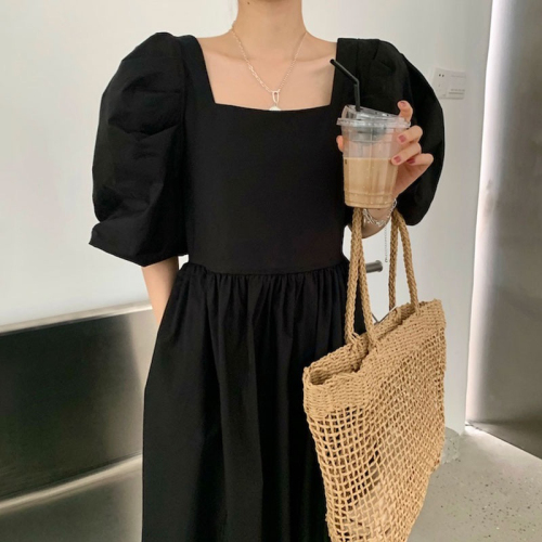 2024 Korean chic summer Dongdaemun new niche simple solid color square collar loose long dress for women