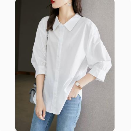 Combed cotton white shirt women's three-quarter sleeve spring Korean style lantern sleeve design top loose cotton shirt