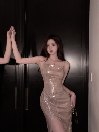 Real shot ~ French style sexy tube top slit dress for women with high-end waist and suspender dress