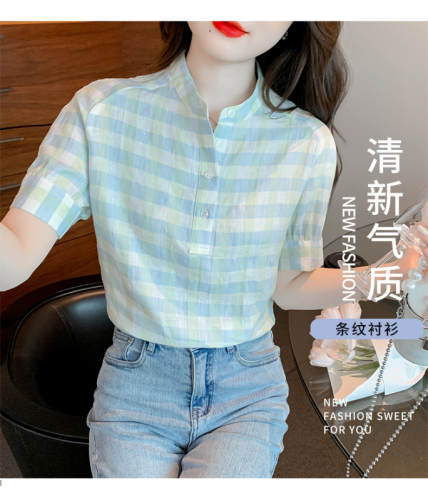 Plaid round neck women's summer design niche French high-end sweet and age-reducing short chiffon top