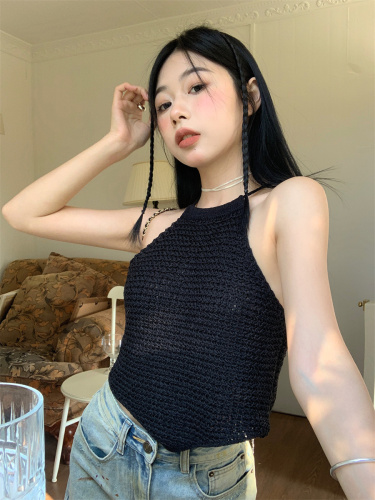 Real shot!  Hot girl knitted camisole pure lust sexy outer wear hollow strap top for women