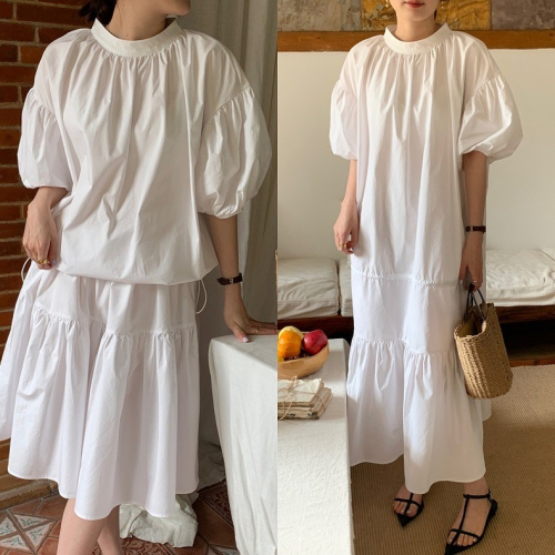 Korean chic niche lazy style stand-up collar long and short two-wear drawstring design loose mid-length short-sleeved dress for women