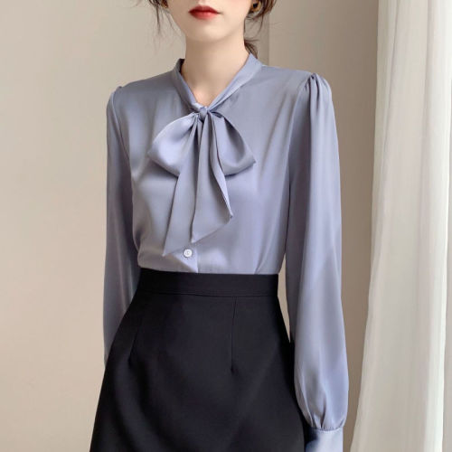 White shirt long-sleeved bow top for women autumn new temperament design niche shirt