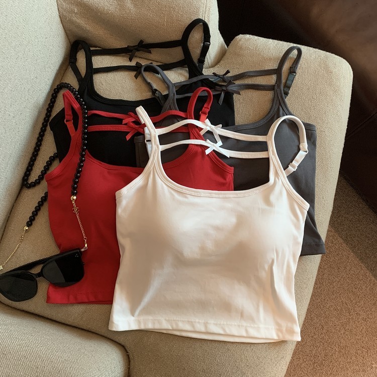 2024 new summer style pure lust outer camisole women's bow bottoming top with chest pad 4-piece set