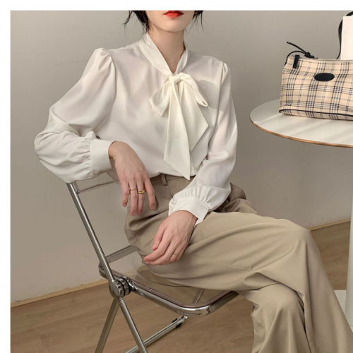 White shirt long-sleeved bow top for women autumn new temperament design niche shirt